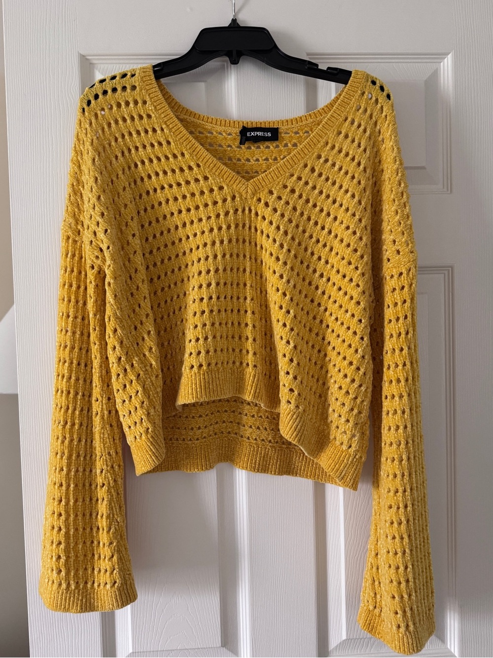 Express Women's Mustard Yellow Open-Weave V-Neck Sweater